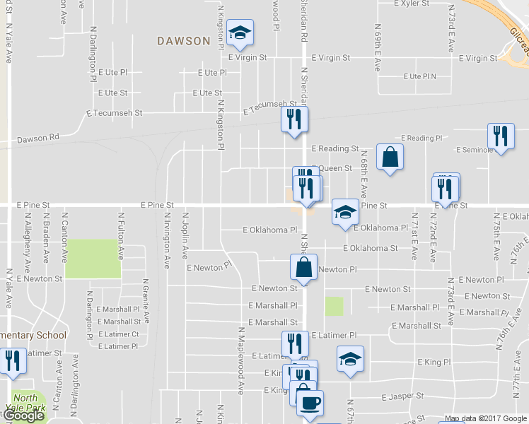 map of restaurants, bars, coffee shops, grocery stores, and more near 6302 East Pine Street in Tulsa