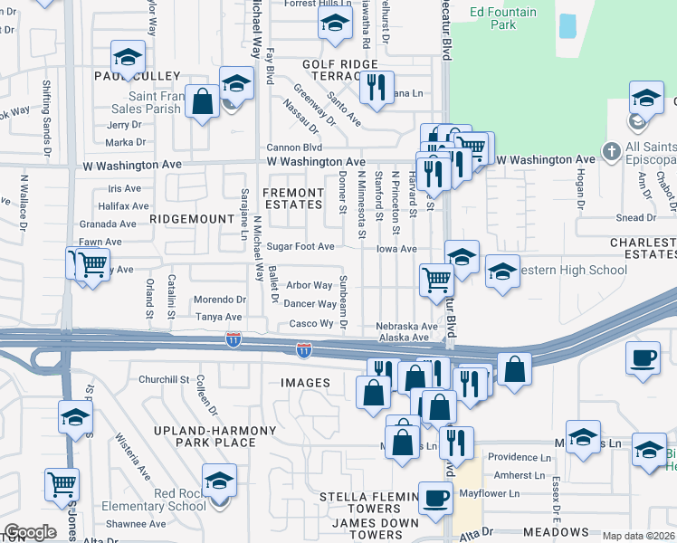 map of restaurants, bars, coffee shops, grocery stores, and more near 309 Sunbeam Drive in Las Vegas
