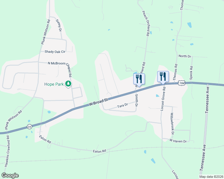 map of restaurants, bars, coffee shops, grocery stores, and more near 121 Echo Valley Drive in Cookeville