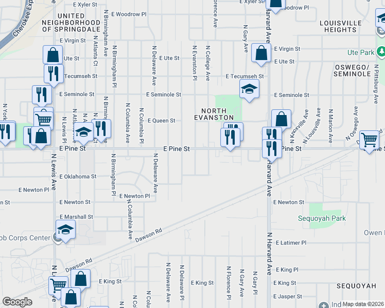 map of restaurants, bars, coffee shops, grocery stores, and more near 1458 North Evanston Place in Tulsa
