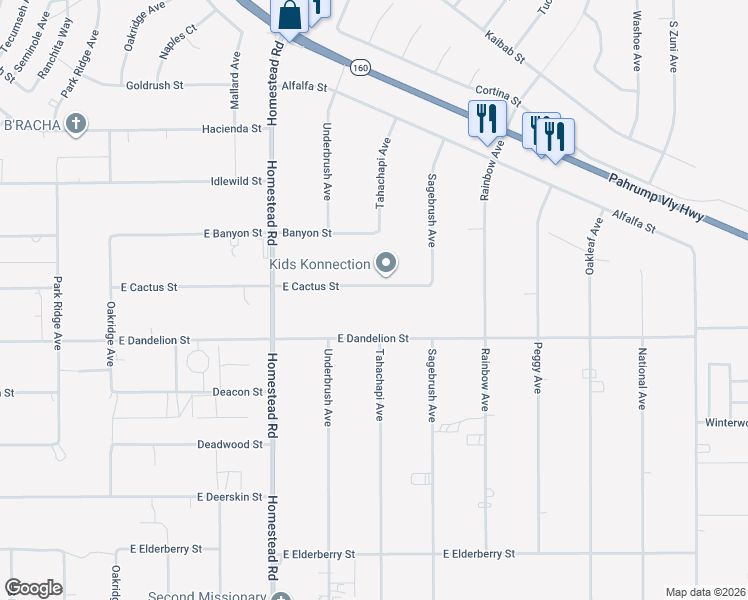 map of restaurants, bars, coffee shops, grocery stores, and more near 3251 Cactus Street in Pahrump