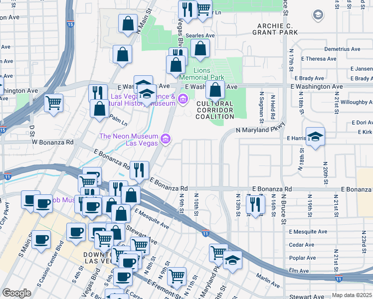 map of restaurants, bars, coffee shops, grocery stores, and more near 724 North 9th Street in Las Vegas