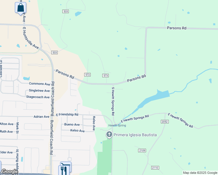map of restaurants, bars, coffee shops, grocery stores, and more near 4049 Parsons Road in Springdale