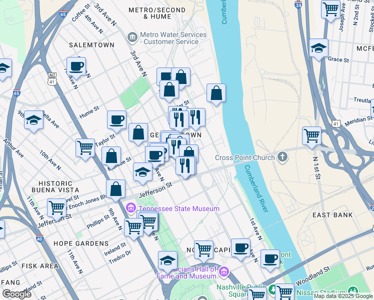 map of restaurants, bars, coffee shops, grocery stores, and more near 200 Madison Street in Nashville