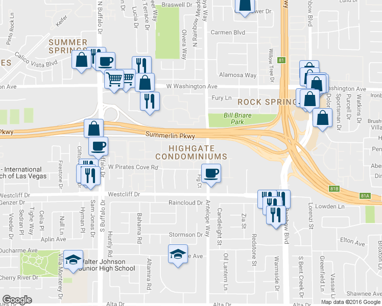 map of restaurants, bars, coffee shops, grocery stores, and more near 7100 West Pirates Cove Road in Las Vegas