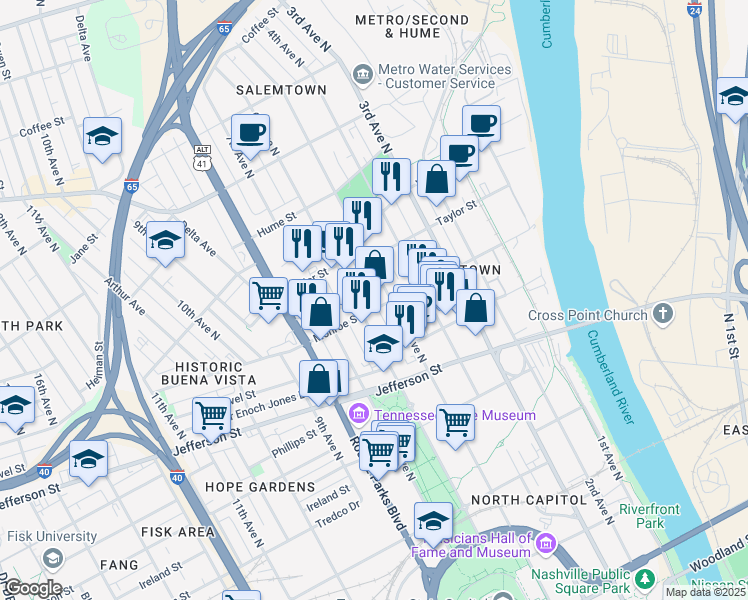 map of restaurants, bars, coffee shops, grocery stores, and more near 506 Monroe Street in Nashville