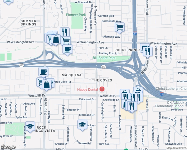 map of restaurants, bars, coffee shops, grocery stores, and more near 7100 West Pirates Cove Road in Las Vegas