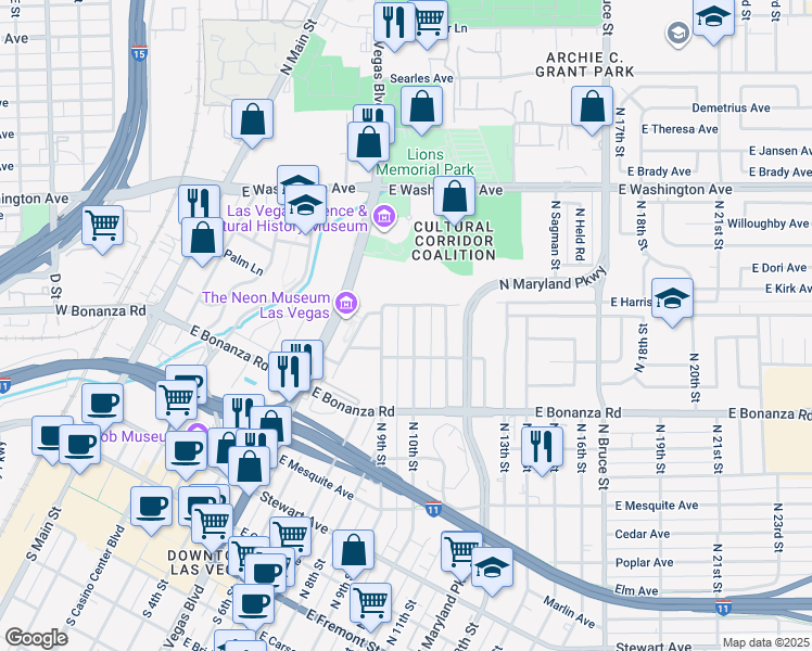 map of restaurants, bars, coffee shops, grocery stores, and more near 728 North 10th Street in Las Vegas