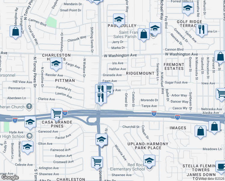 map of restaurants, bars, coffee shops, grocery stores, and more near 5916 Bromley Avenue in Las Vegas