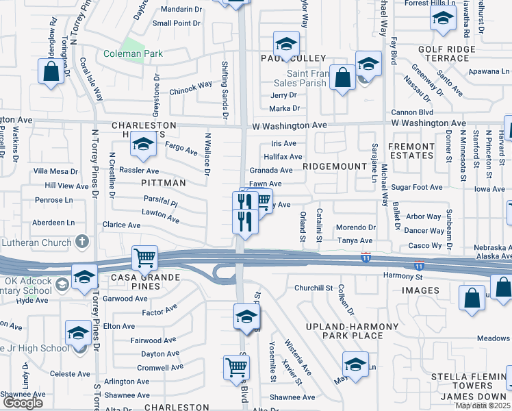 map of restaurants, bars, coffee shops, grocery stores, and more near 5916 Bromley Avenue in Las Vegas