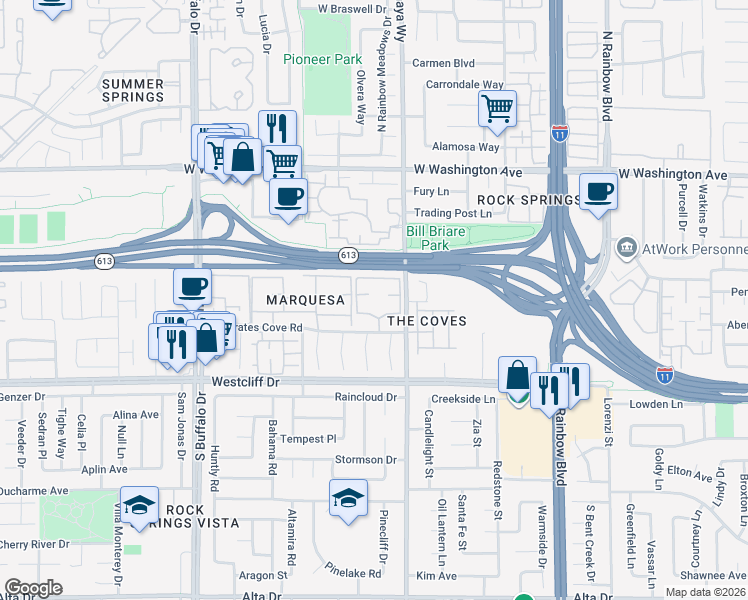 map of restaurants, bars, coffee shops, grocery stores, and more near 7100 West Pirates Cove Road in Las Vegas