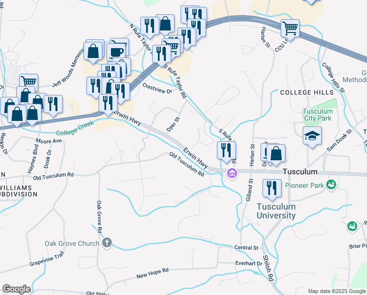 map of restaurants, bars, coffee shops, grocery stores, and more near Liberty Way in Greeneville