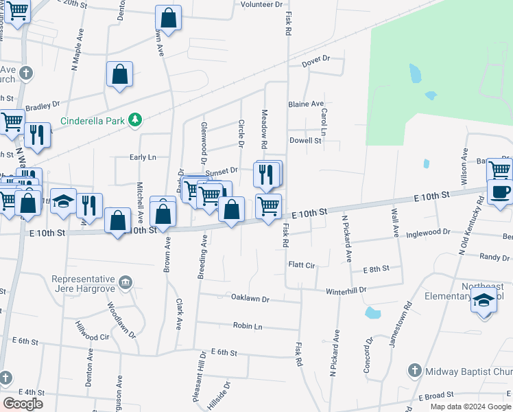 map of restaurants, bars, coffee shops, grocery stores, and more near 1068 East 10th Street in Cookeville