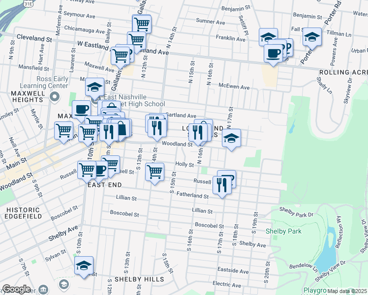 map of restaurants, bars, coffee shops, grocery stores, and more near 1508 Woodland Street in Nashville