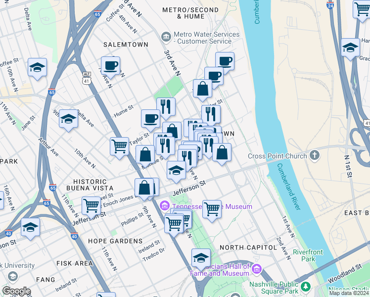map of restaurants, bars, coffee shops, grocery stores, and more near 413 Monroe Street in Nashville