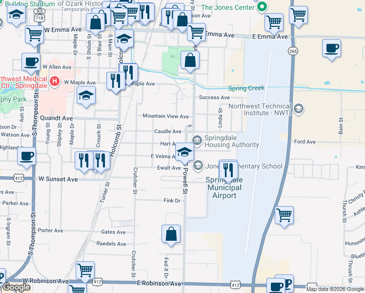 map of restaurants, bars, coffee shops, grocery stores, and more near 508 Hart Avenue in Springdale