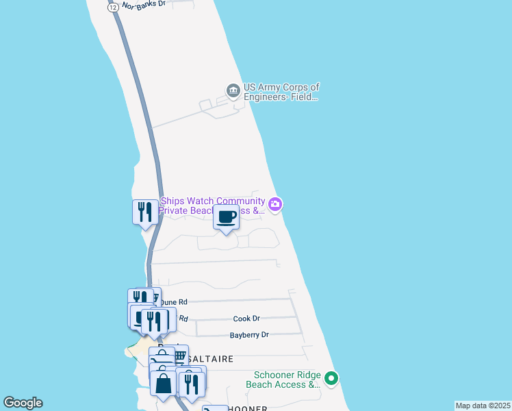 map of restaurants, bars, coffee shops, grocery stores, and more near 144 Spinnaker Court in Duck