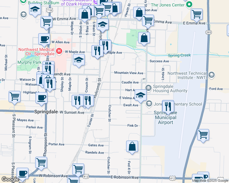 map of restaurants, bars, coffee shops, grocery stores, and more near 309 Hart Avenue in Springdale
