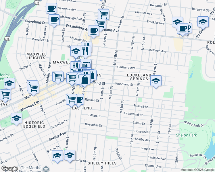 map of restaurants, bars, coffee shops, grocery stores, and more near 1306 Woodland Street in Nashville