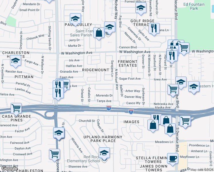 map of restaurants, bars, coffee shops, grocery stores, and more near 5505 Bromley Avenue in Las Vegas