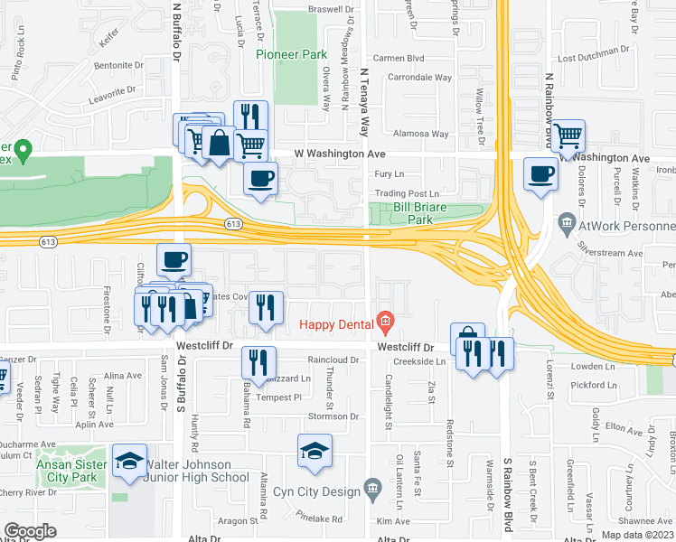 map of restaurants, bars, coffee shops, grocery stores, and more near 7100 West Pirates Cove Road in Las Vegas
