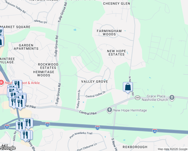 map of restaurants, bars, coffee shops, grocery stores, and more near 4321 Valley Grove Drive in Nashville
