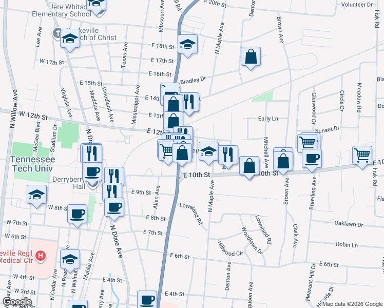 map of restaurants, bars, coffee shops, grocery stores, and more near 1028 Womack Avenue in Cookeville