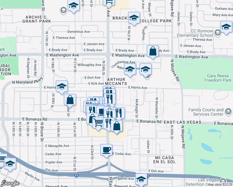 map of restaurants, bars, coffee shops, grocery stores, and more near 728 Aster Lane in Las Vegas