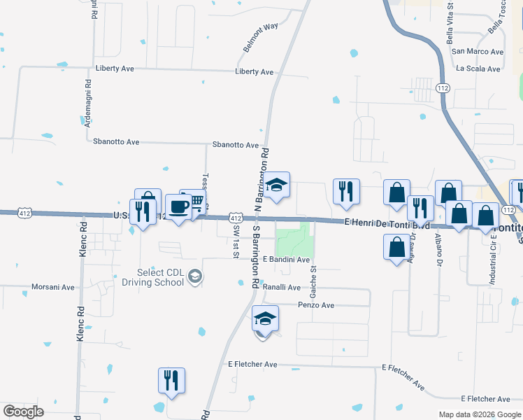 map of restaurants, bars, coffee shops, grocery stores, and more near 110 East Henri De Tonti Boulevard in Springdale