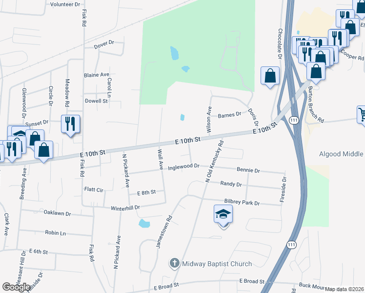map of restaurants, bars, coffee shops, grocery stores, and more near 1373 East 10th Street in Cookeville