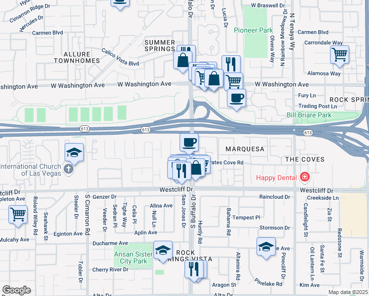 map of restaurants, bars, coffee shops, grocery stores, and more near 351 North Buffalo Drive in Las Vegas