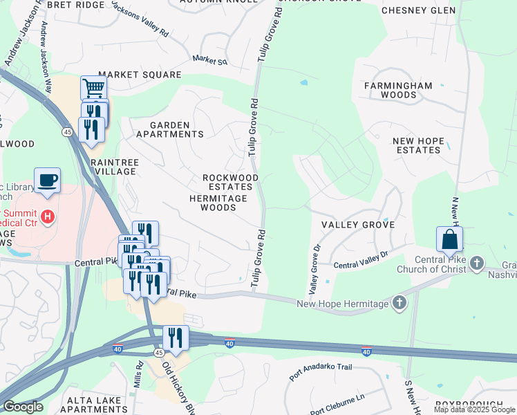 map of restaurants, bars, coffee shops, grocery stores, and more near 1214 Tulip Grove Road in Nashville
