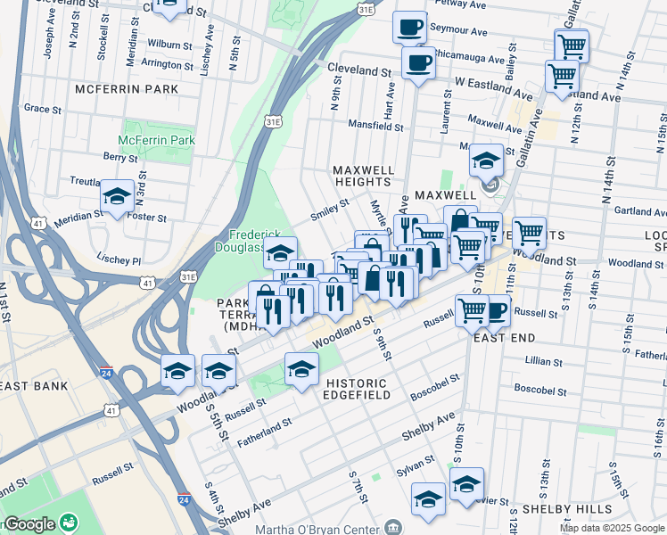 map of restaurants, bars, coffee shops, grocery stores, and more near 100 Neill Avenue in Nashville