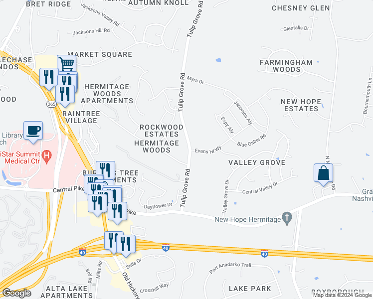 map of restaurants, bars, coffee shops, grocery stores, and more near 1212 Tulip Grove Road in Nashville