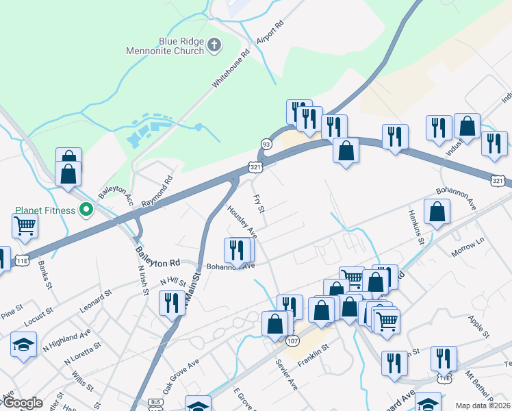 map of restaurants, bars, coffee shops, grocery stores, and more near 120 Fry Street in Greeneville