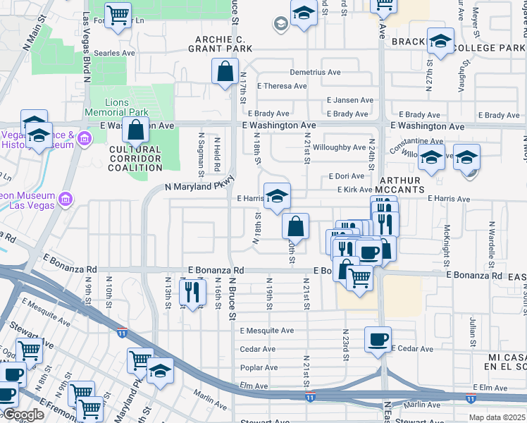 map of restaurants, bars, coffee shops, grocery stores, and more near 728 N 18th St in Las Vegas