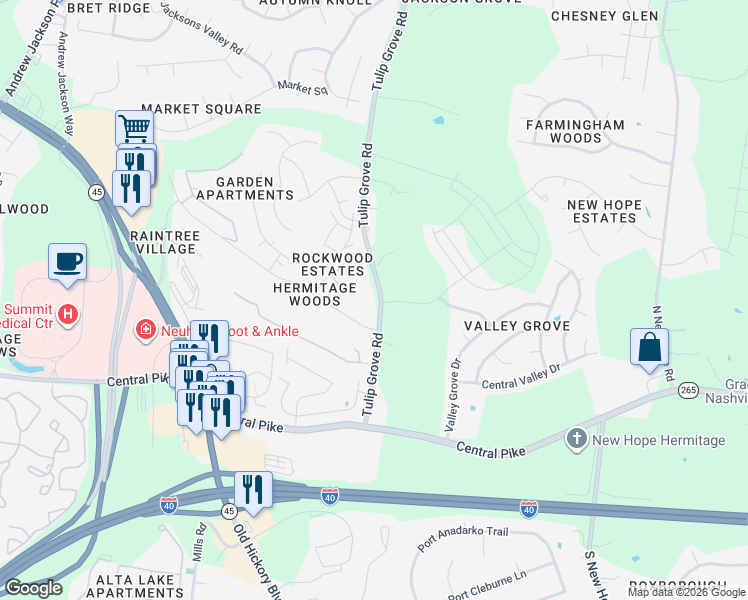 map of restaurants, bars, coffee shops, grocery stores, and more near 1214 Tulip Grove Road in Nashville