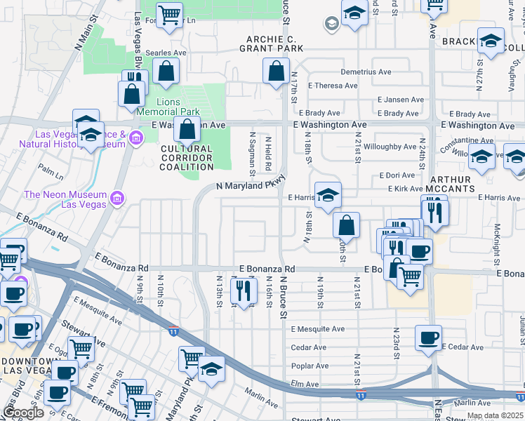 map of restaurants, bars, coffee shops, grocery stores, and more near 1513 East McWilliams Avenue in Las Vegas