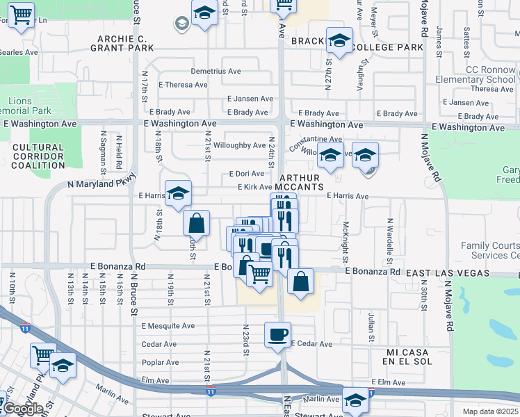 map of restaurants, bars, coffee shops, grocery stores, and more near 2405 East McWilliams Avenue in Las Vegas