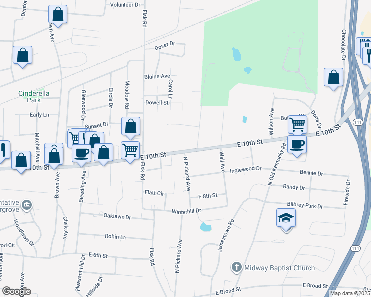 map of restaurants, bars, coffee shops, grocery stores, and more near 1195 East 10th Street in Cookeville
