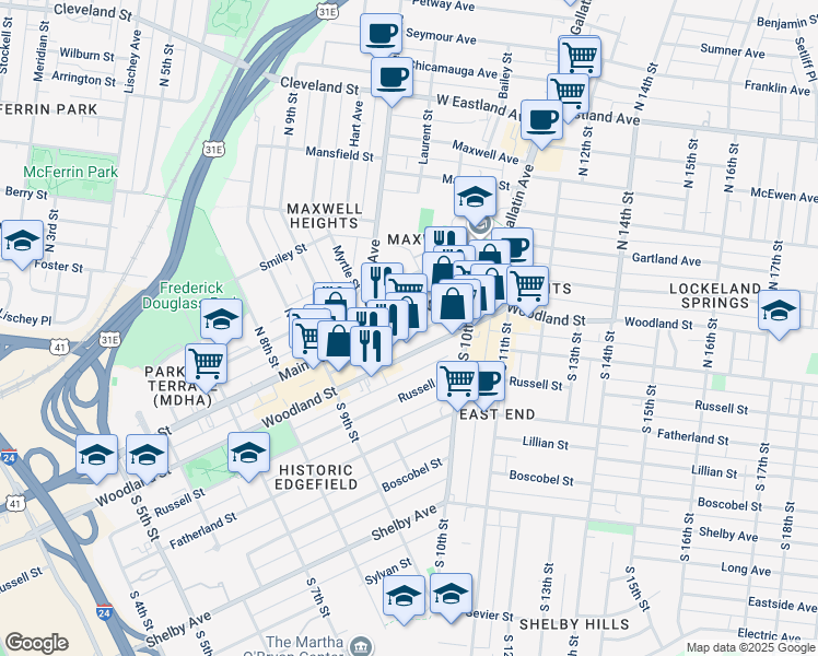 map of restaurants, bars, coffee shops, grocery stores, and more near 942 Main Street in Nashville