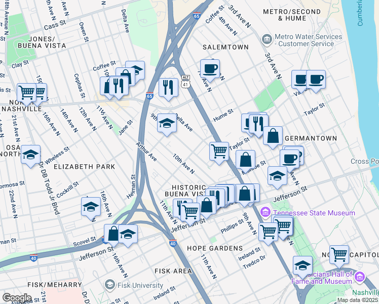map of restaurants, bars, coffee shops, grocery stores, and more near 1506 10th Avenue North in Nashville