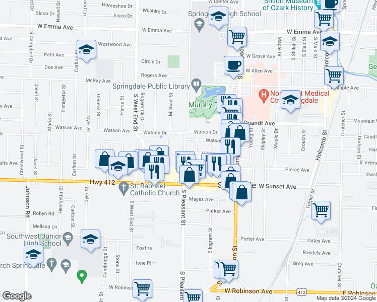 map of restaurants, bars, coffee shops, grocery stores, and more near 1216 Highland Avenue in Springdale