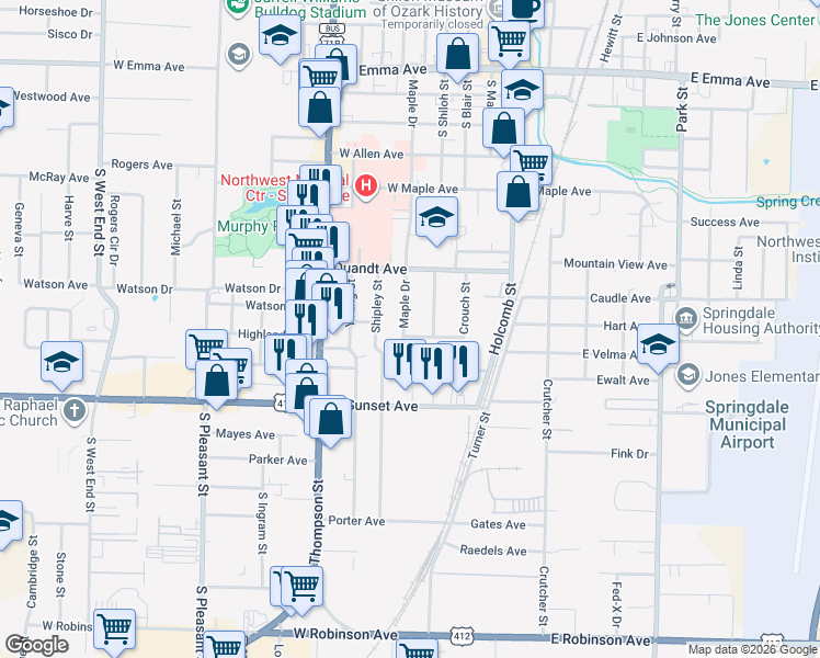 map of restaurants, bars, coffee shops, grocery stores, and more near 717 Maple Drive in Springdale