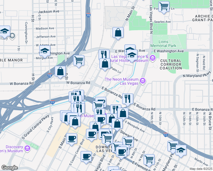 map of restaurants, bars, coffee shops, grocery stores, and more near 607 Biltmore Drive in Las Vegas