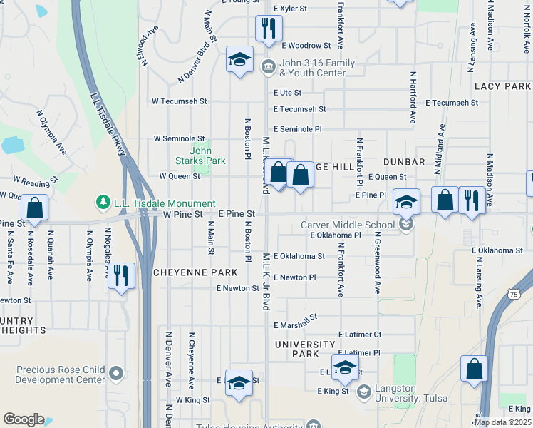 map of restaurants, bars, coffee shops, grocery stores, and more near N Cincinnati Ave & E Pine St in Tulsa