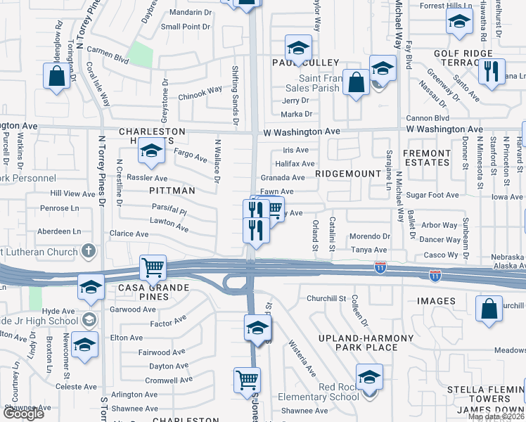 map of restaurants, bars, coffee shops, grocery stores, and more near 6008 Bromley Avenue in Las Vegas