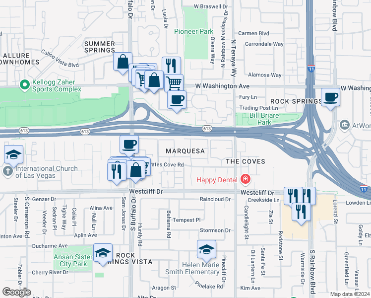 map of restaurants, bars, coffee shops, grocery stores, and more near 7200 West Pirates Cove Road in Las Vegas