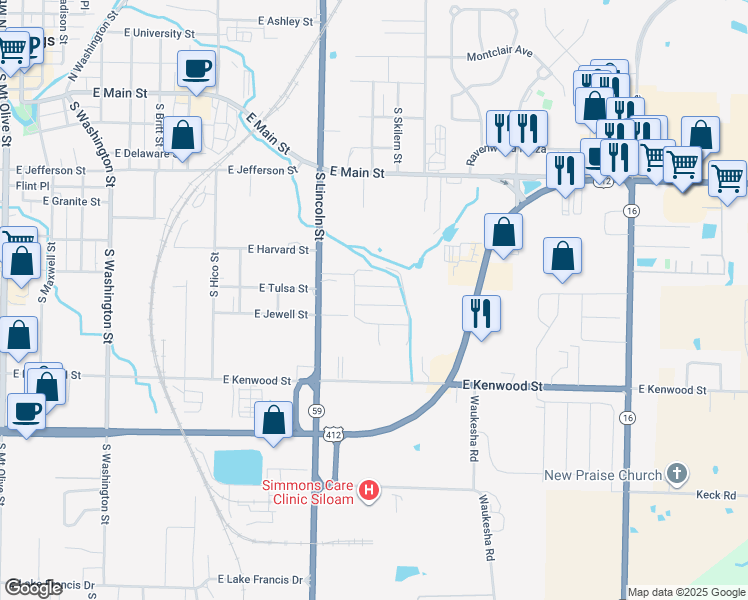 map of restaurants, bars, coffee shops, grocery stores, and more near 1603 Rosewood Ln in Siloam Springs
