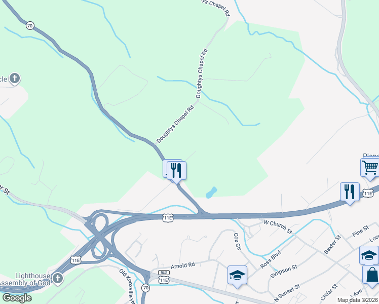 map of restaurants, bars, coffee shops, grocery stores, and more near 127 Powell Street in Greeneville